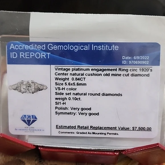 VINTAGE Platinum Cushion Cut Diamond Engagement Ring circ 1920's - Picture 8 of 9